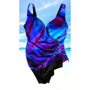 Robby Lynn Swimsuit 18W Blue Black One Piece Floral Wrap Front Beach Cruise READ